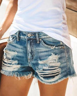 High shorts 高腰款 牛仔短裤 ripped denim fringed 流苏破洞 rise