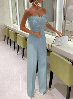 Feather Tube Top Sexy Fashion Jumpsuit羽毛抹胸性感时尚连体裤