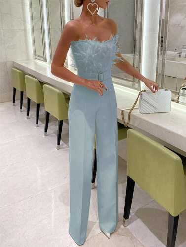 Feather Tube Top Sexy Fashion Jumpsuit羽毛抹胸性感时尚连体裤