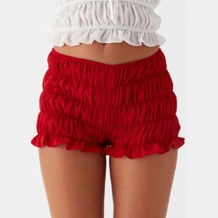夏季女式纯色格子打揽灯笼短裤Solid Plaid Shirred Women Shorts