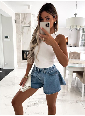 Women's Frayed Denim Wide Leg Shorts女士毛边牛仔高腰阔腿短裤