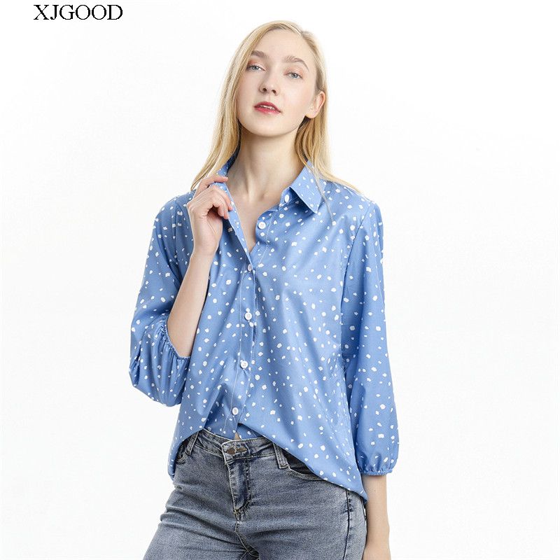 七分袖波点碎花雪纺衬衫