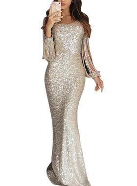 Elegant Long Sleeve Fringe Dinner Dress长袖流苏晚宴连衣裙 女