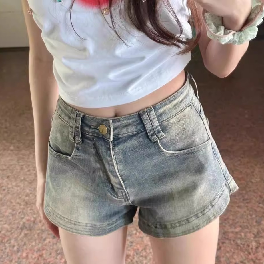 夏季辣妹复古a字牛仔热裤