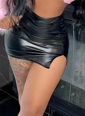 前卫pu后拉链侧开叉黑色短裙 leather rear zip wrap hip skirt