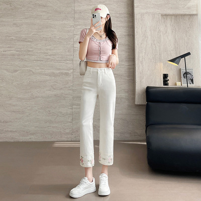 官网正品国风绣花八分直筒牛仔裤女2025年夏季薄款新款高腰休闲拼