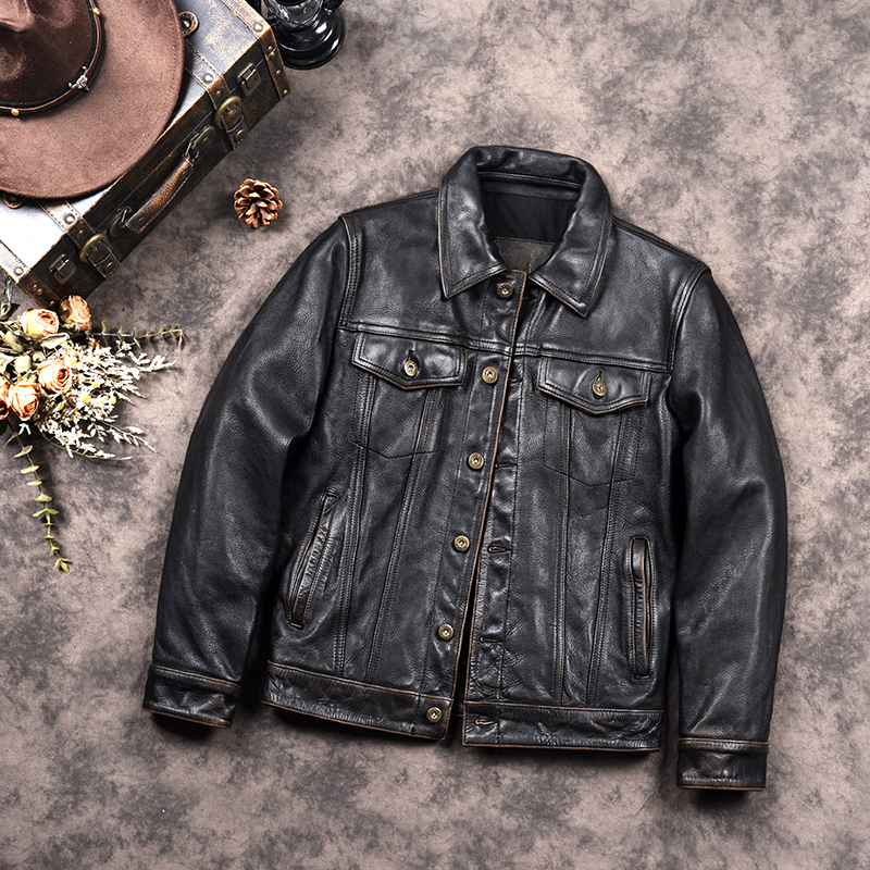 重磅507牛仔皮夹克油蜡牛皮无涂