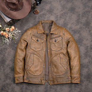 阿美咔叽门多萨真皮皮衣男复古农场主款真皮机车夹克头层牛皮外套