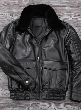 新款冬装真皮夹克男A2飞行服翻领毛领加棉纯皮大码皮衣牛皮外套