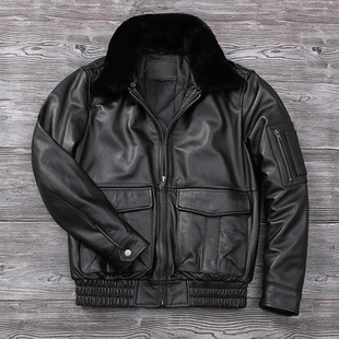 皮衣牛皮外套 真皮夹克男A2飞行服翻领毛领加棉纯皮大码 新款 冬装