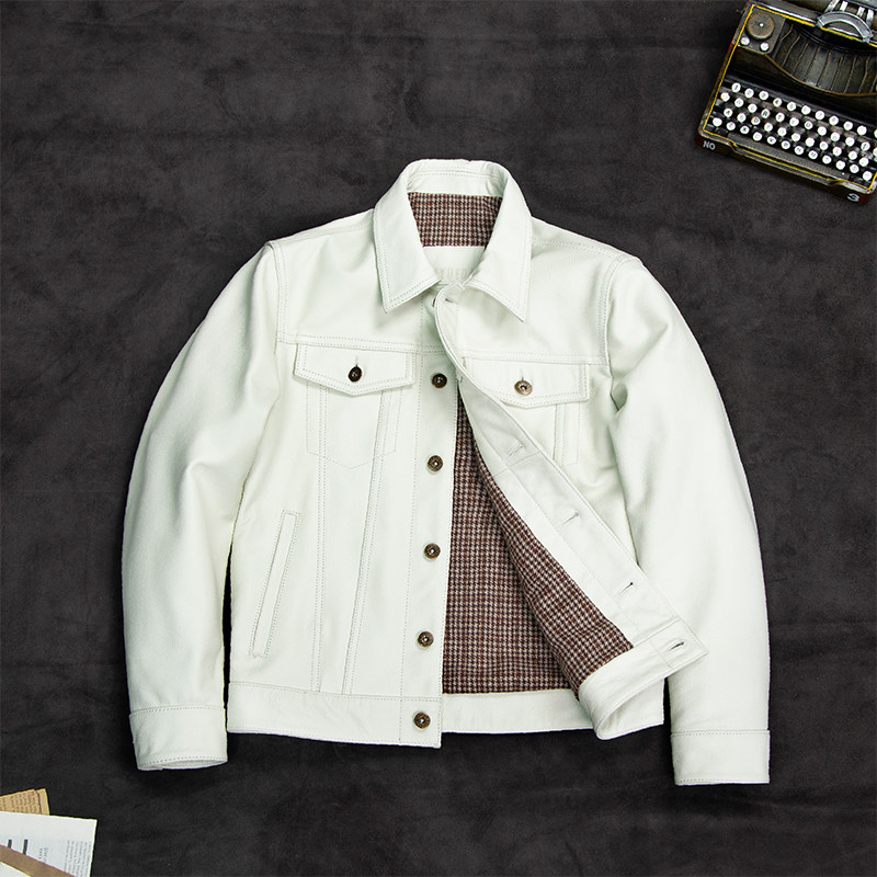 春季新款真皮皮衣简约白色皮夹克头层牛皮机车服修身短款外套男士
