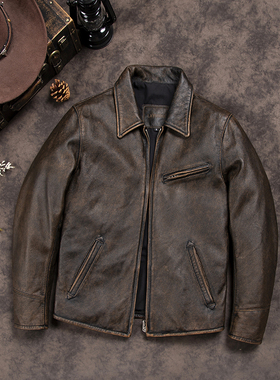 1930s复古真皮皮衣男士做旧头层牛皮夹克美式短款修身纯皮外套潮