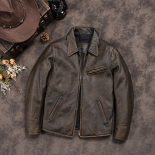 修身 短款 纯皮外套潮 做旧头层牛皮夹克美式 1930s复古真皮皮衣男士