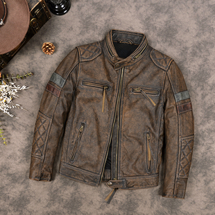 复古真皮皮衣可加护具骑行机车服做旧头层牛皮夹克修身 纯皮外套男