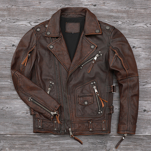 哈雷机车服重工真皮皮衣男头层牛皮复古做旧骑行服潮流斜拉链夹克
