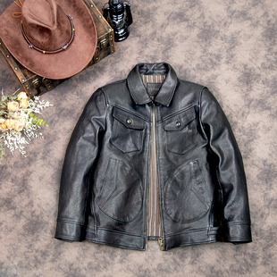 新款真皮皮衣男农场主进口植鞣羊皮休闲皮夹克门多萨纯羊皮黑外套