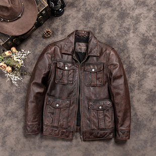杰森牛皮皮衣石磨做旧皮夹克复古头层真皮机车服修身 外套 翻领男士