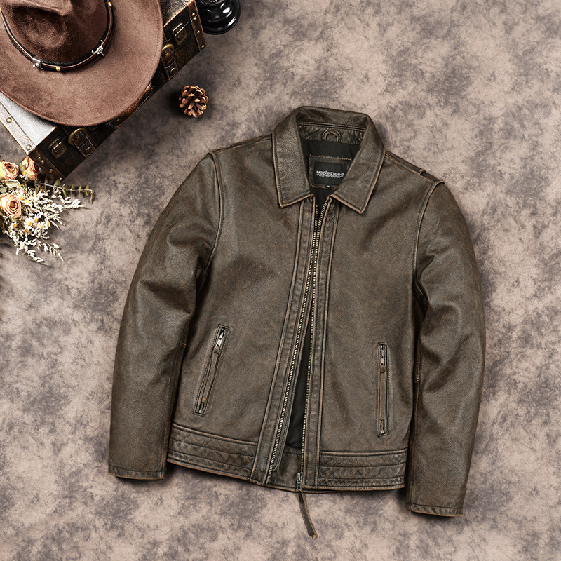 燕尾款真皮皮衣复古头层牛皮夹克青年潮流机车服男士翻领短款外套