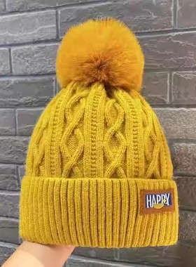 2024新款毛毛帽子女款秋冬季针织帽黄色毛线帽加绒保暖毛球套头帽