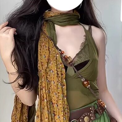 森系拼接碎花复古文艺风丝巾女百搭系脖围巾腰巾两用双拼褶皱配饰