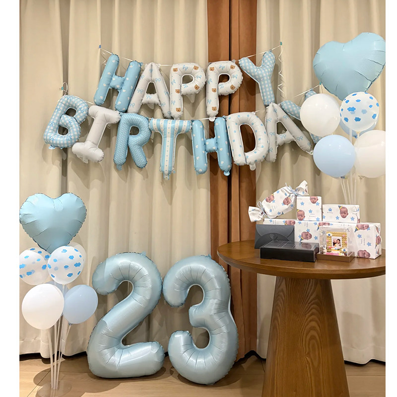 蓝色主题生日气球套装数字气球布艺生日快乐套装气球老公数字气球