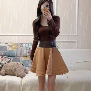 韩系大码 U领显瘦上衣高腰A字半身裙 MM减龄温柔风穿搭两件套新款