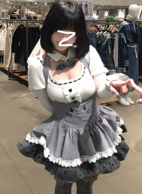 韩系可爱软妹风波点背带蓬蓬裙白色打底衫两件套女秋季大码套装