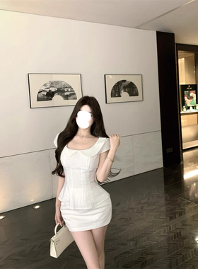 法式温柔气质名媛风新款微胖白色娃娃领短袖上衣包臀短裙两件套装