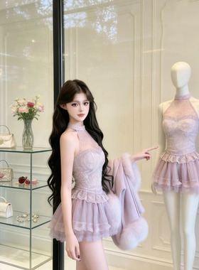 甜美少女风蕾丝挂脖上衣蓬蓬裙套装女新款微胖收腰显瘦减龄套装
