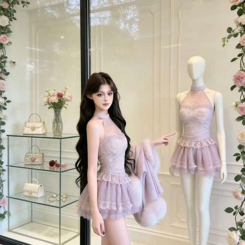 甜美少女风蕾丝挂脖上衣蓬蓬裙套装女新款微胖收腰显瘦减龄套装