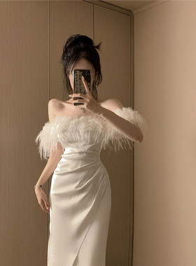 毛毛拼接性感一字领露肩设计连衣裙女早秋新款微胖大码法式长裙潮
