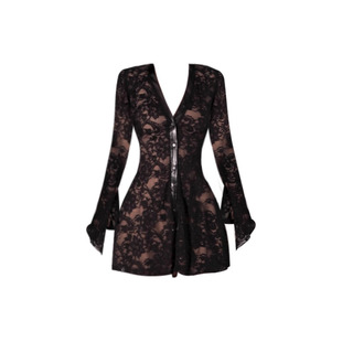 小众轻奢黑色性感修身 蕾丝风V领连衣裙女法式 A字裙 新款 复古秋季