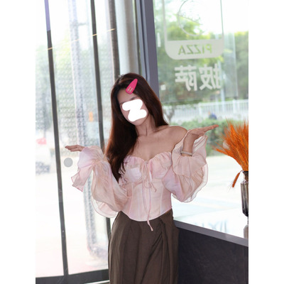 微胖纯欲风一字肩荷叶边鱼骨收腰上衣新款辣妹性感修身长袖短上衣
