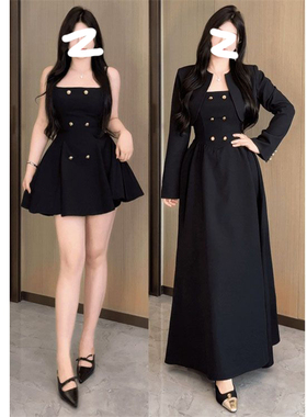 微胖大码法式复古赫本风气质两件套女秋季新款性感黑色外套吊带裙