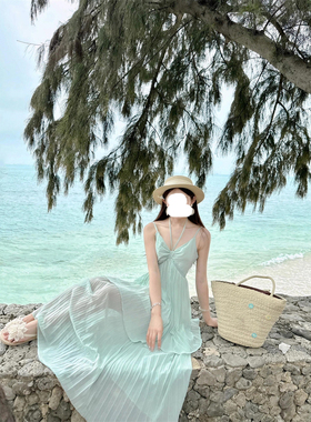 浪漫温柔风绿色叠层薄款长裙新款微胖法式时尚高级感度假风连衣裙