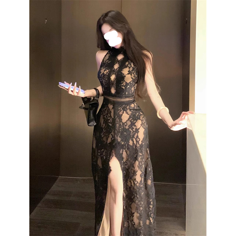 法式性感新款蕾丝镂空高腰显瘦A字裙女微胖修身开叉中长款连衣裙