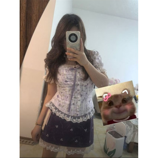 法式 上衣高腰显瘦半身裙两件套女 设计感甜美可爱新款 微胖碎花短袖