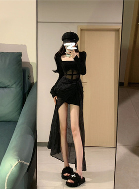 小众黑色网纱拼接设计感开叉收腰显瘦气质优雅浪漫大码微胖连衣裙