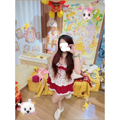 大码MM超级甜妹可爱少女风格穿搭套装新款碎花吊带配蕾丝拼接半裙