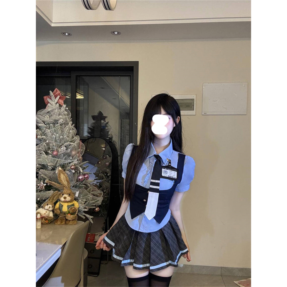 微胖学院风jk制服套装+领带工牌新款格纹半裙假两件短袖衬衫套装