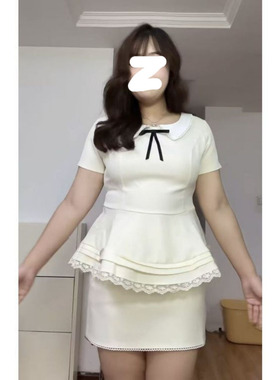 蝴蝶结设计白色蕾丝花边短袖上衣女装新款微胖收腰显瘦半裙两件套