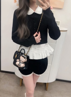 韩系小个子时尚简约甜美百搭两件套秋季新款黑色长袖开衫白色衬衫