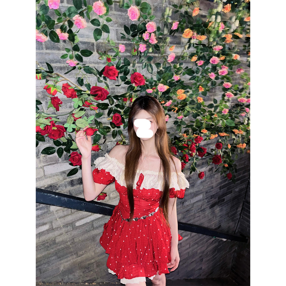 夏季新款度假绝美减龄温柔少女风花边泡泡袖连衣裙微胖蛋糕短裙