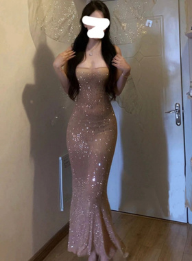 微胖mm法式性感辣妹纯欲风连衣裙收腰显瘦包臀长款气质吊带连衣裙