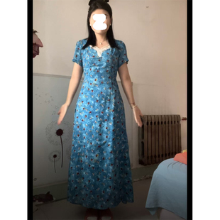 法式 小众设计感长裙 度假风微胖V领拼接收腰显瘦连衣裙女夏季 新款