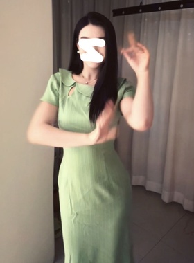 夏季新款设计感小众绿色短袖连衣裙微胖收腰显瘦气质名媛风中长裙