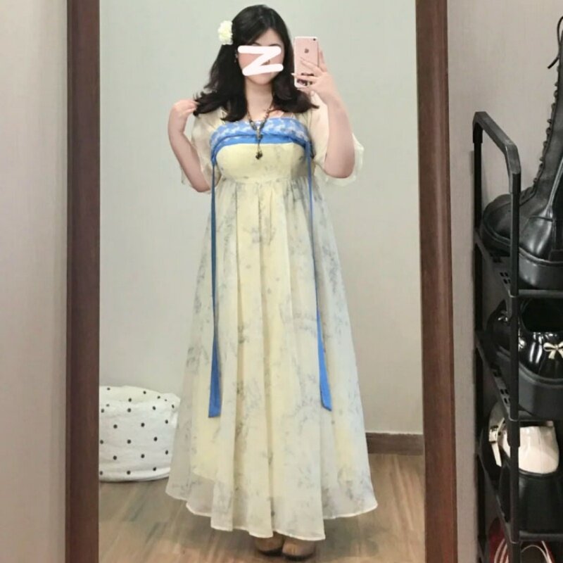 优雅国风汉服连衣裙新款微胖MM复古绝美漂亮杏色印花收腰显瘦长裙