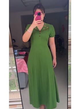 夏季新款时尚设计感绿色森系气质短袖连衣裙女小众收腰显瘦中长裙