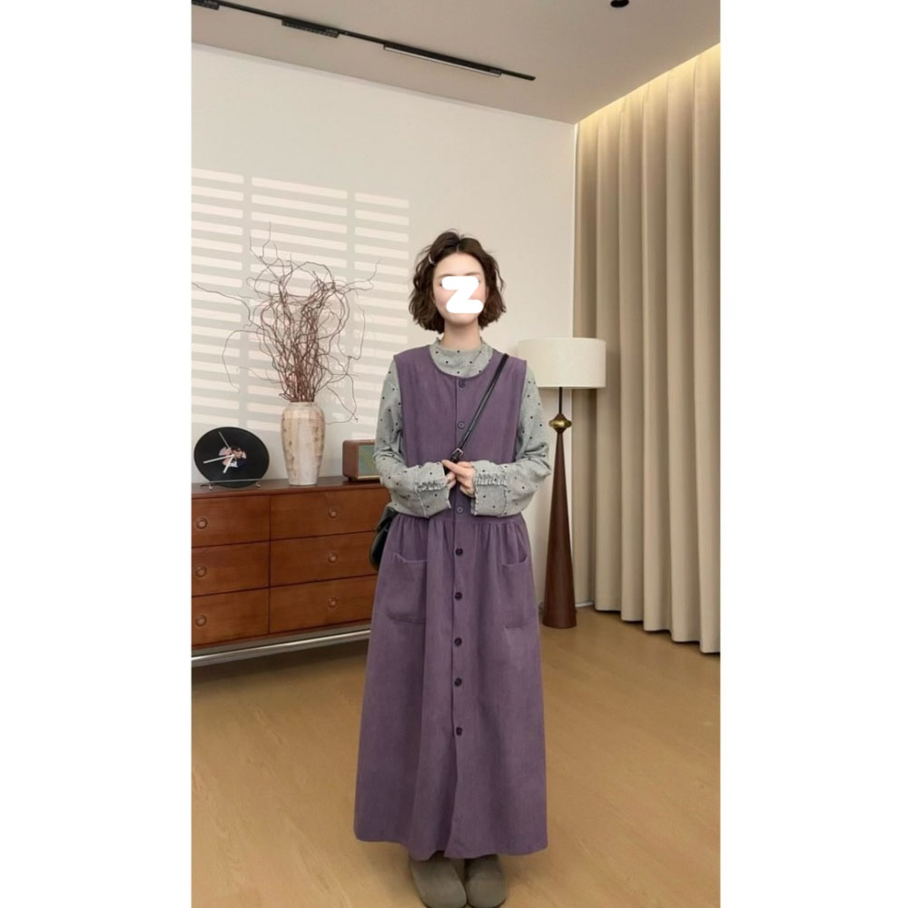 复古时尚百搭单排扣连衣裙＋显瘦打底衫新款小众气质减龄大码套装