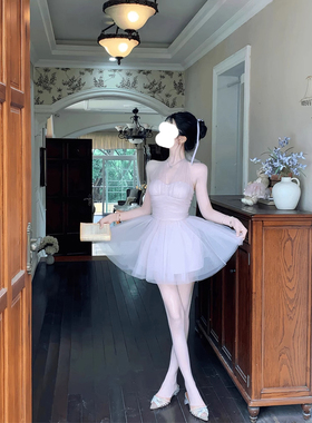 时尚高级感纯欲风新款挂脖网纱连衣裙微胖收腰显瘦气质蓬蓬公主裙